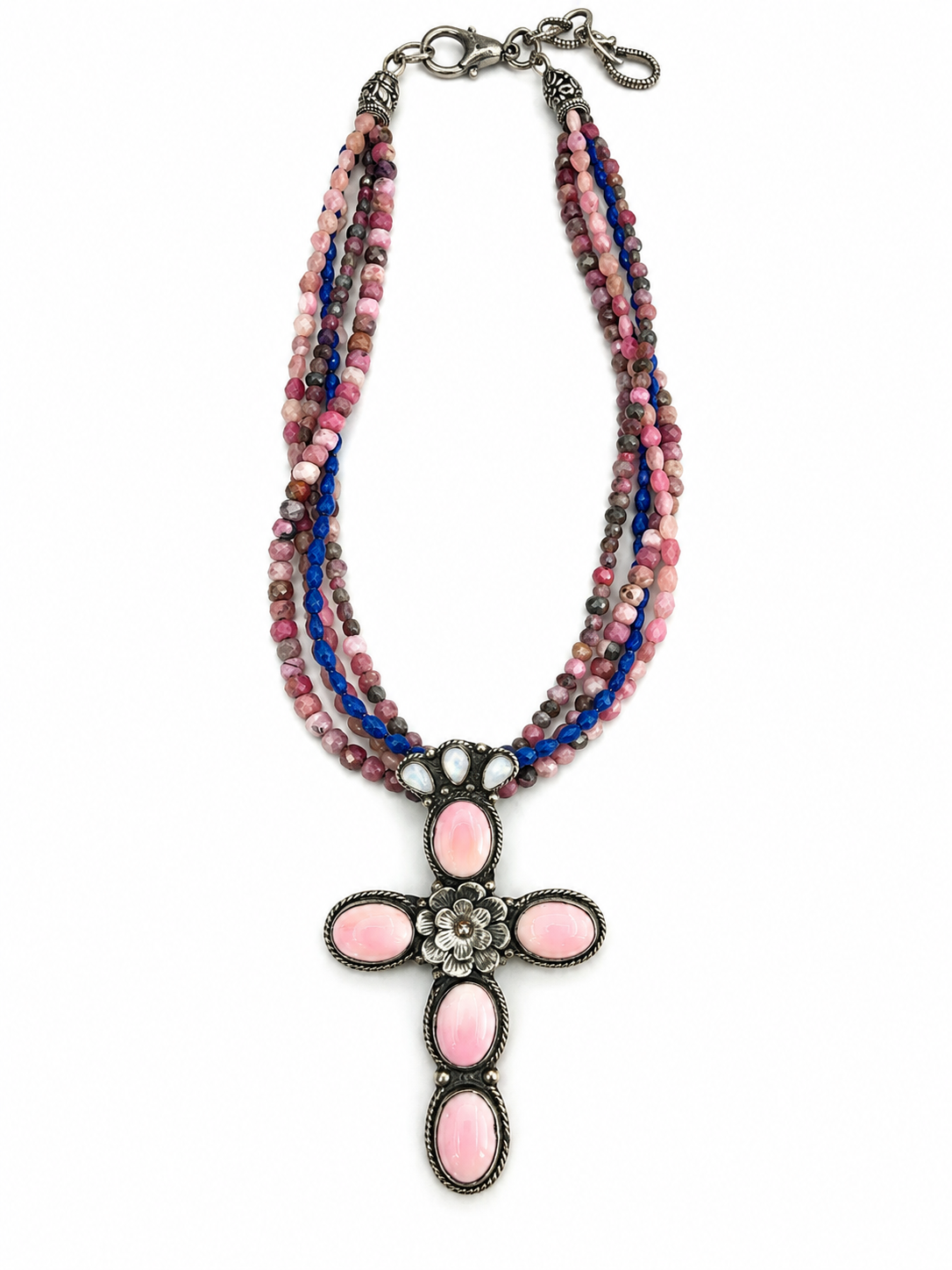 One-of-a-Kind Pink Conch, Lapis & Moonstone Cross Necklace
