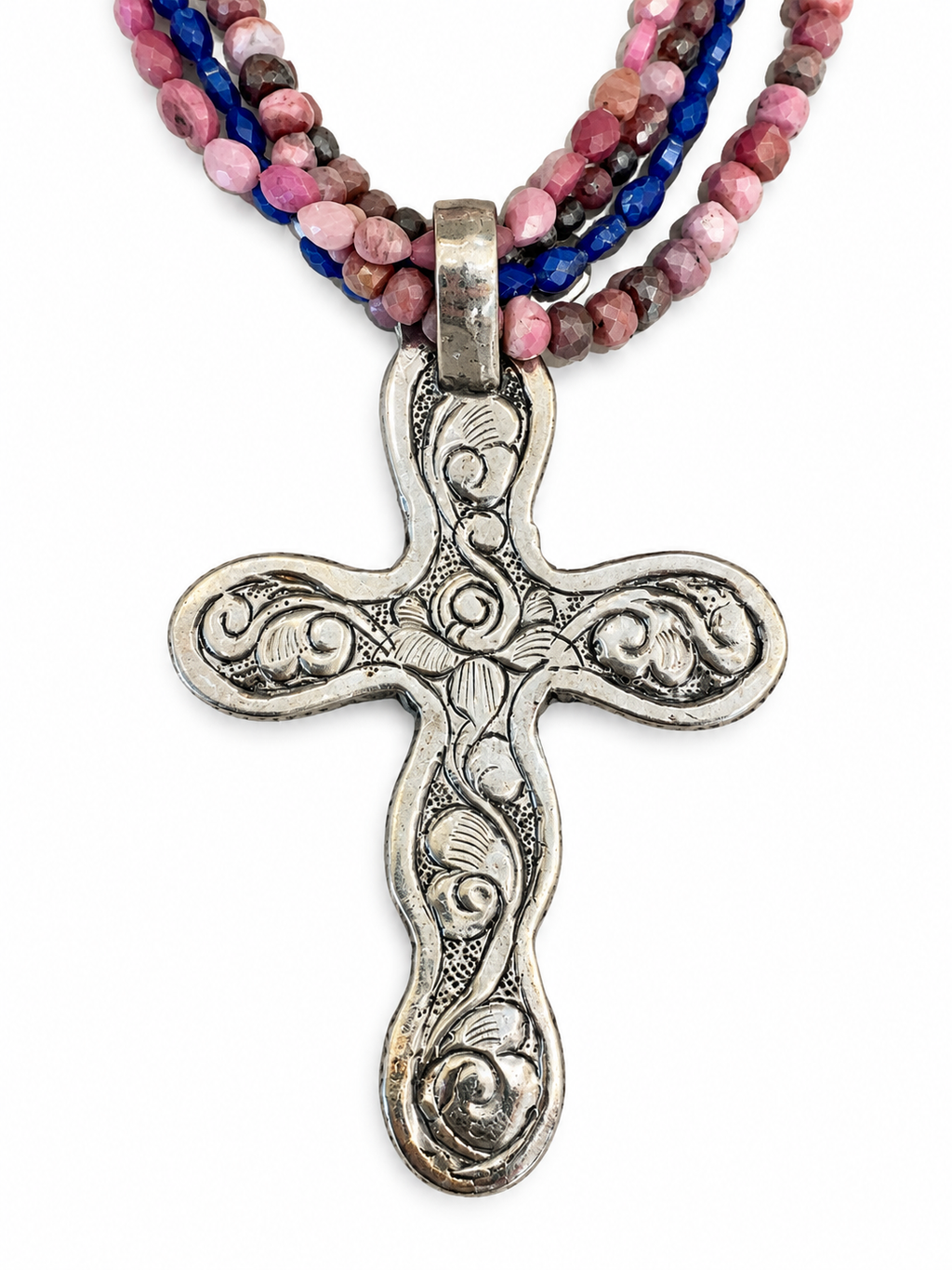 One-of-a-Kind Pink Conch, Lapis & Moonstone Cross Necklace