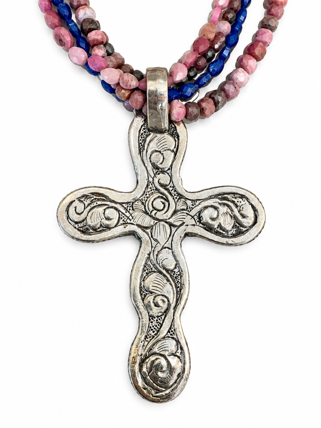 One-of-a-Kind Pink Conch, Lapis & Moonstone Cross Necklace