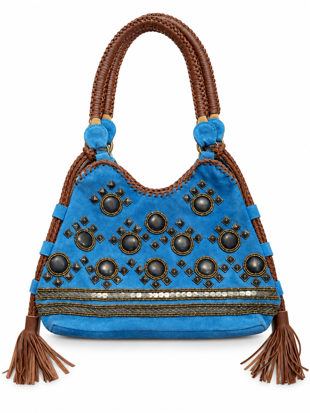 Cobalt Blue Suede Embroidered Shoulder Bag
