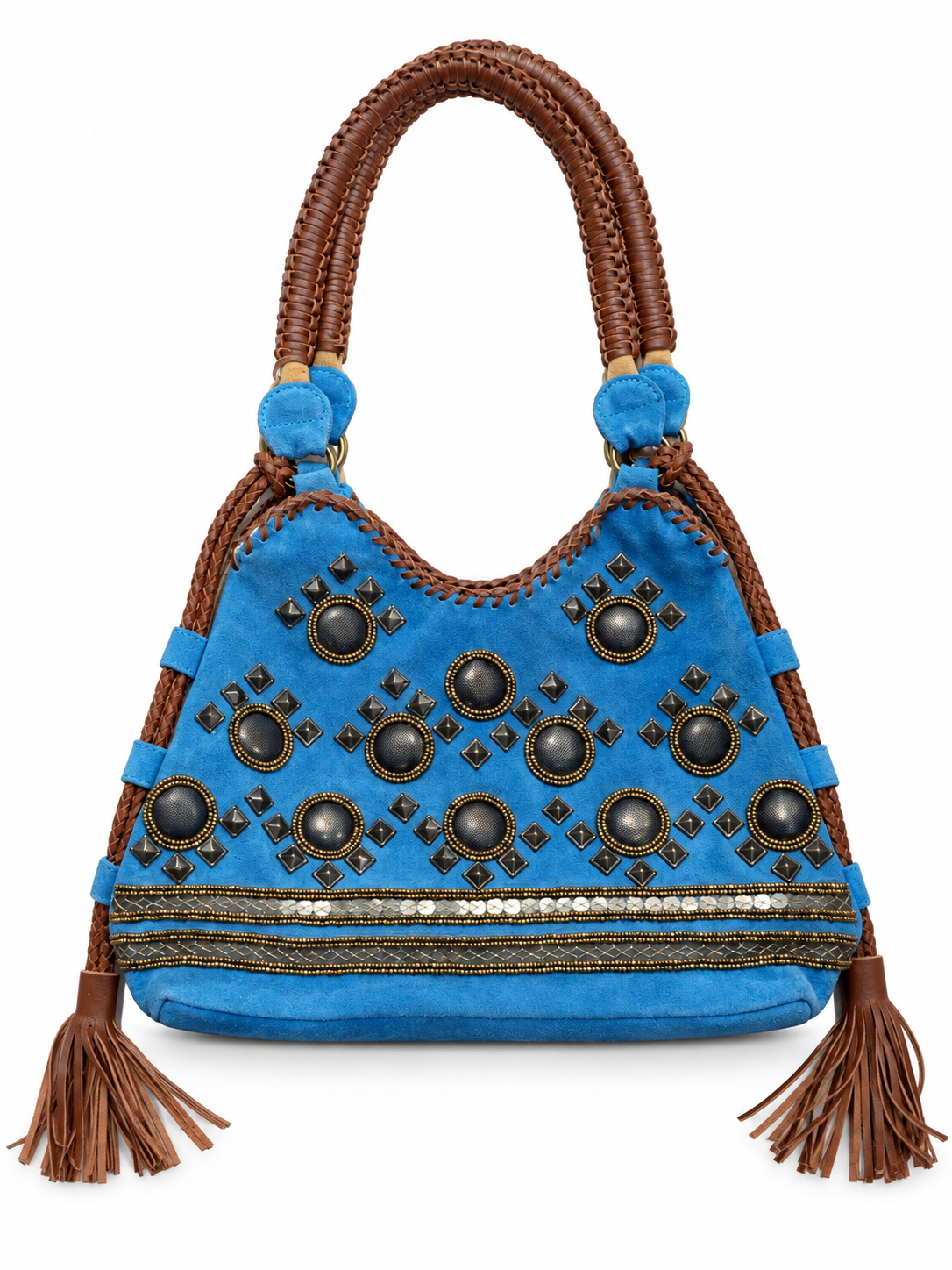Cobalt Blue Suede Embroidered Shoulder Bag