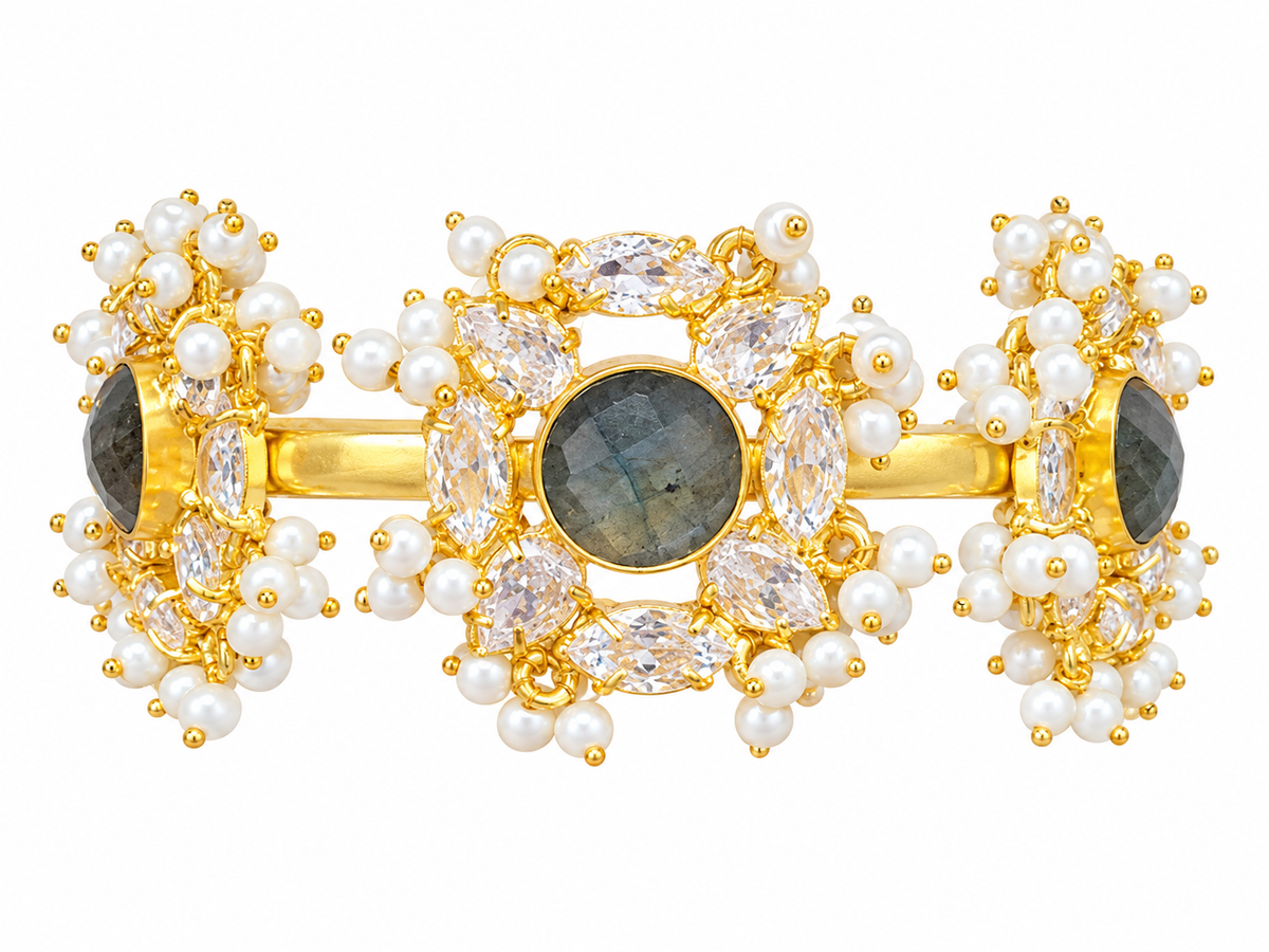 Labradorite & Seed Pearl Gold-Plated Cuff Bracelet