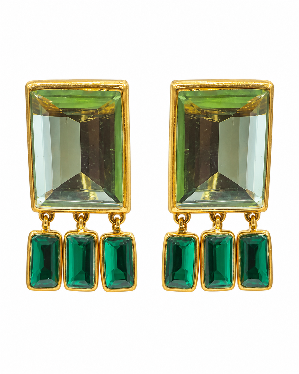 Green Tourmaline & Quartz Geometric Drop Earrings