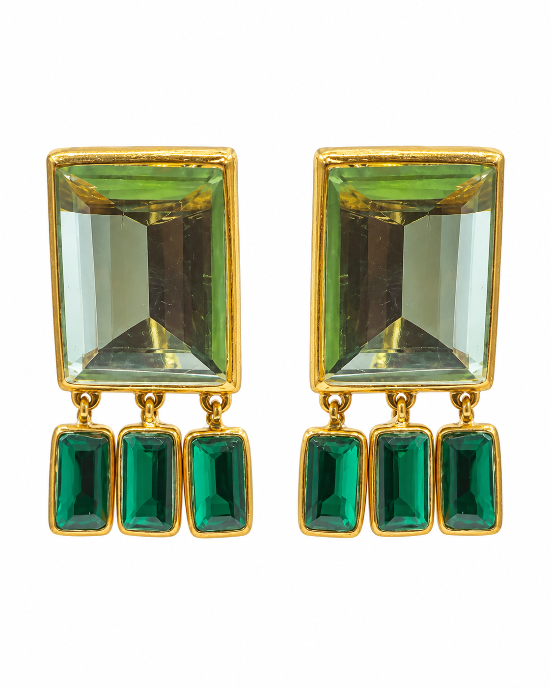 Green Tourmaline & Quartz Geometric Drop Earrings
