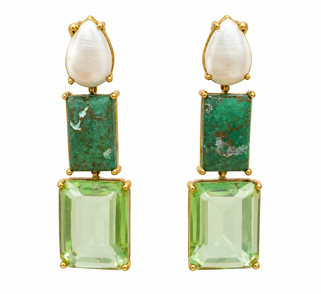 Green Quartz & Pearl Geometric Drop Earrings