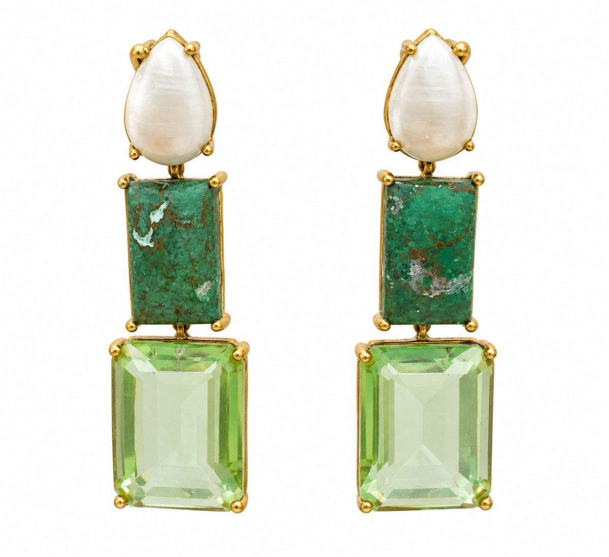 Green Quartz & Pearl Geometric Drop Earrings