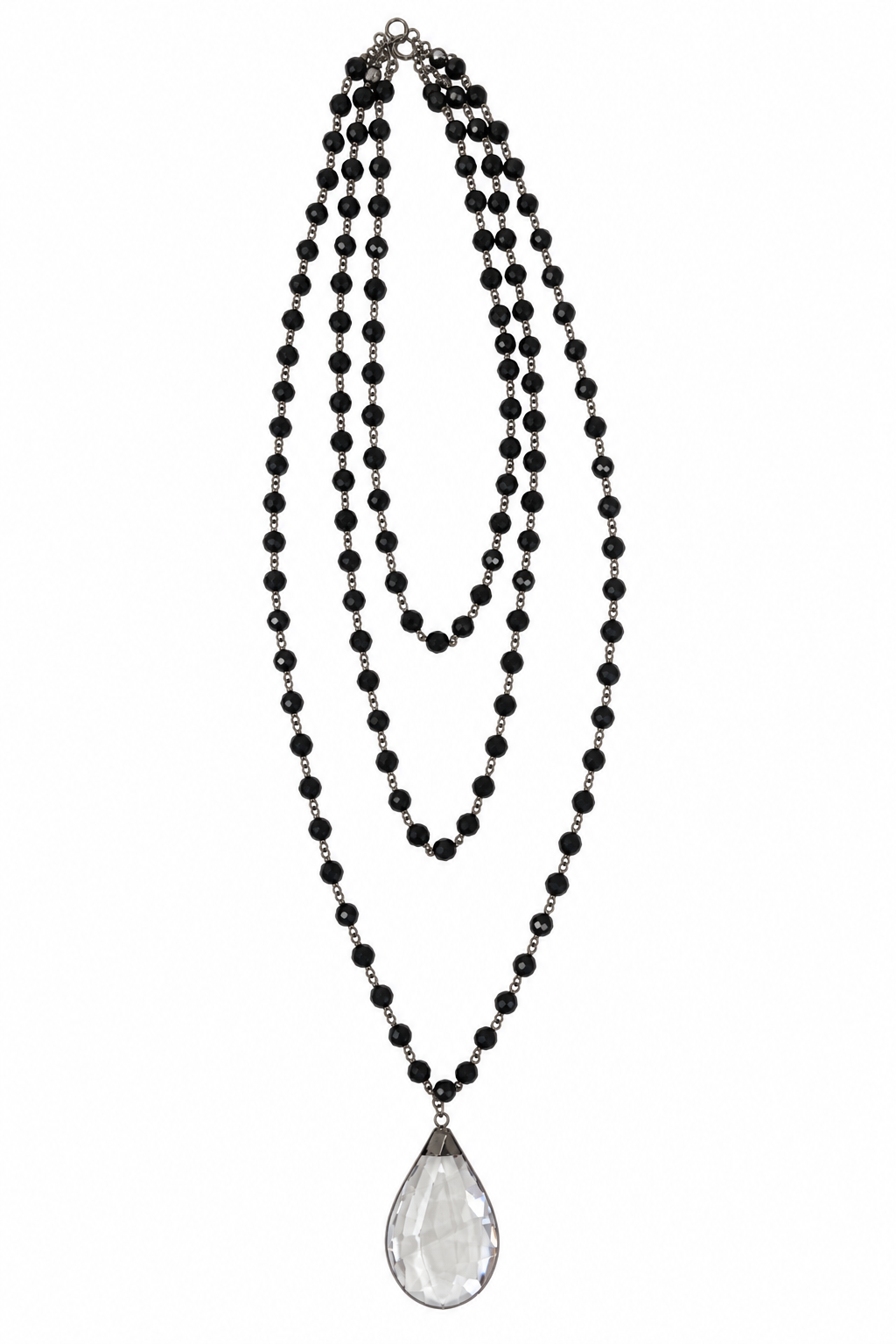 Black Beaded Triple-Strand Teardrop Necklace