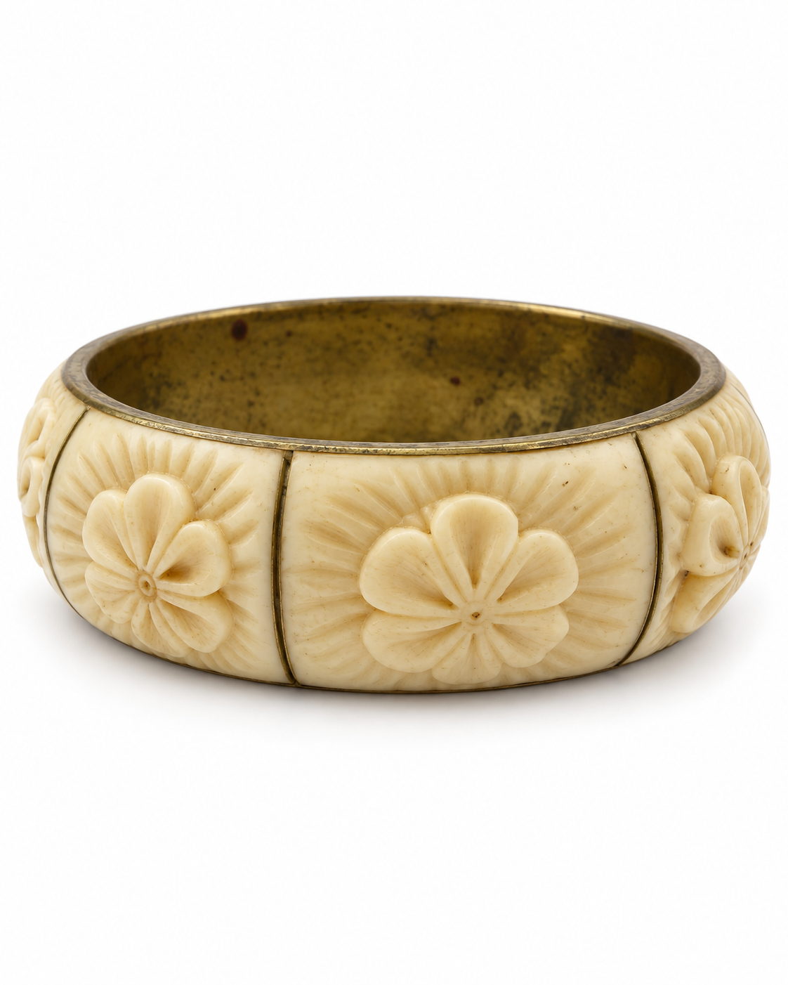 Carved Floral Celluloid & Brass Bangle - Vintage