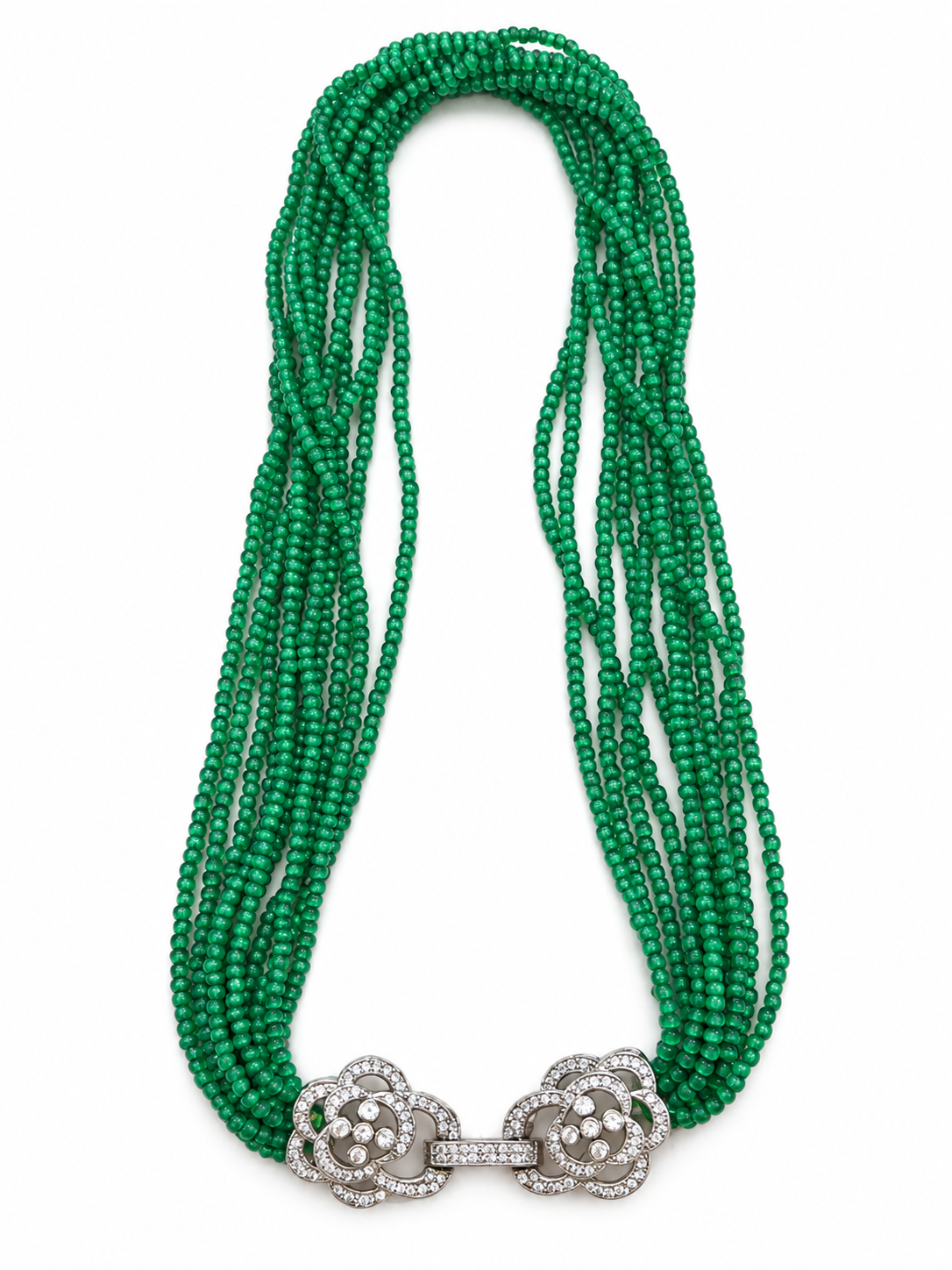Emerald Green Multi-Strand Beaded Necklace with Rhinestone Detailing