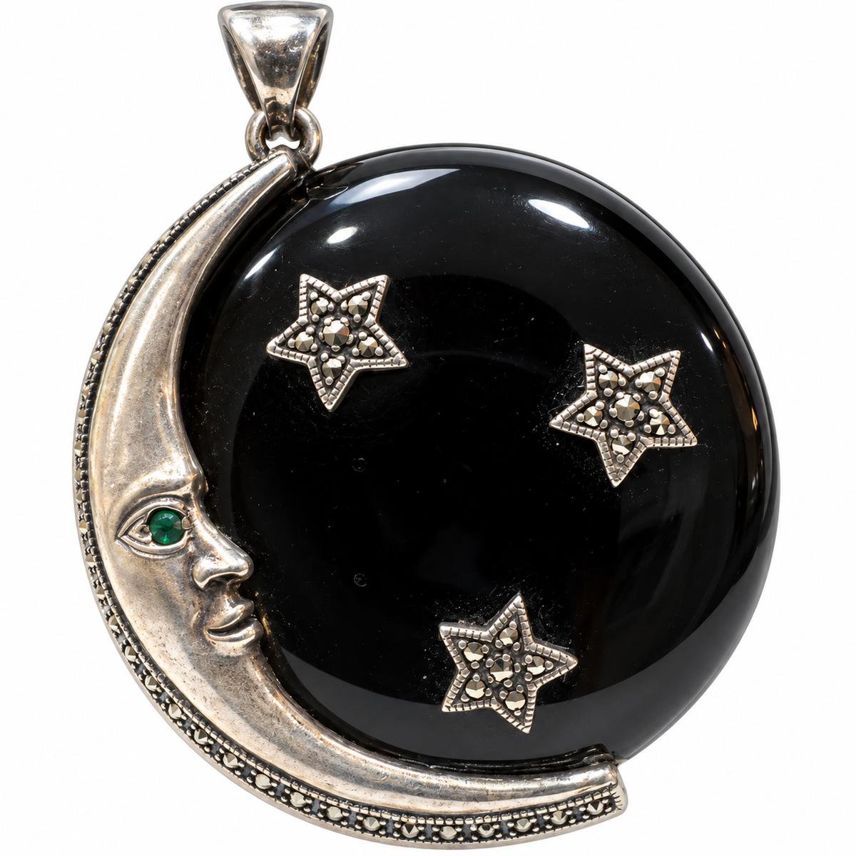 Sterling Silver, Onyx & Marcasite Moon & Star Necklace - Vintage