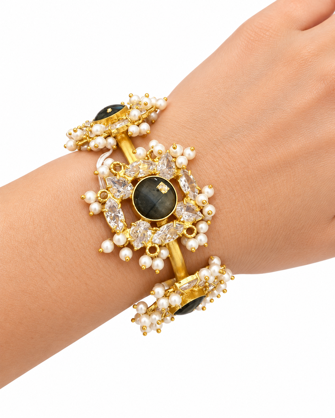 Labradorite & Seed Pearl Gold-Plated Cuff Bracelet