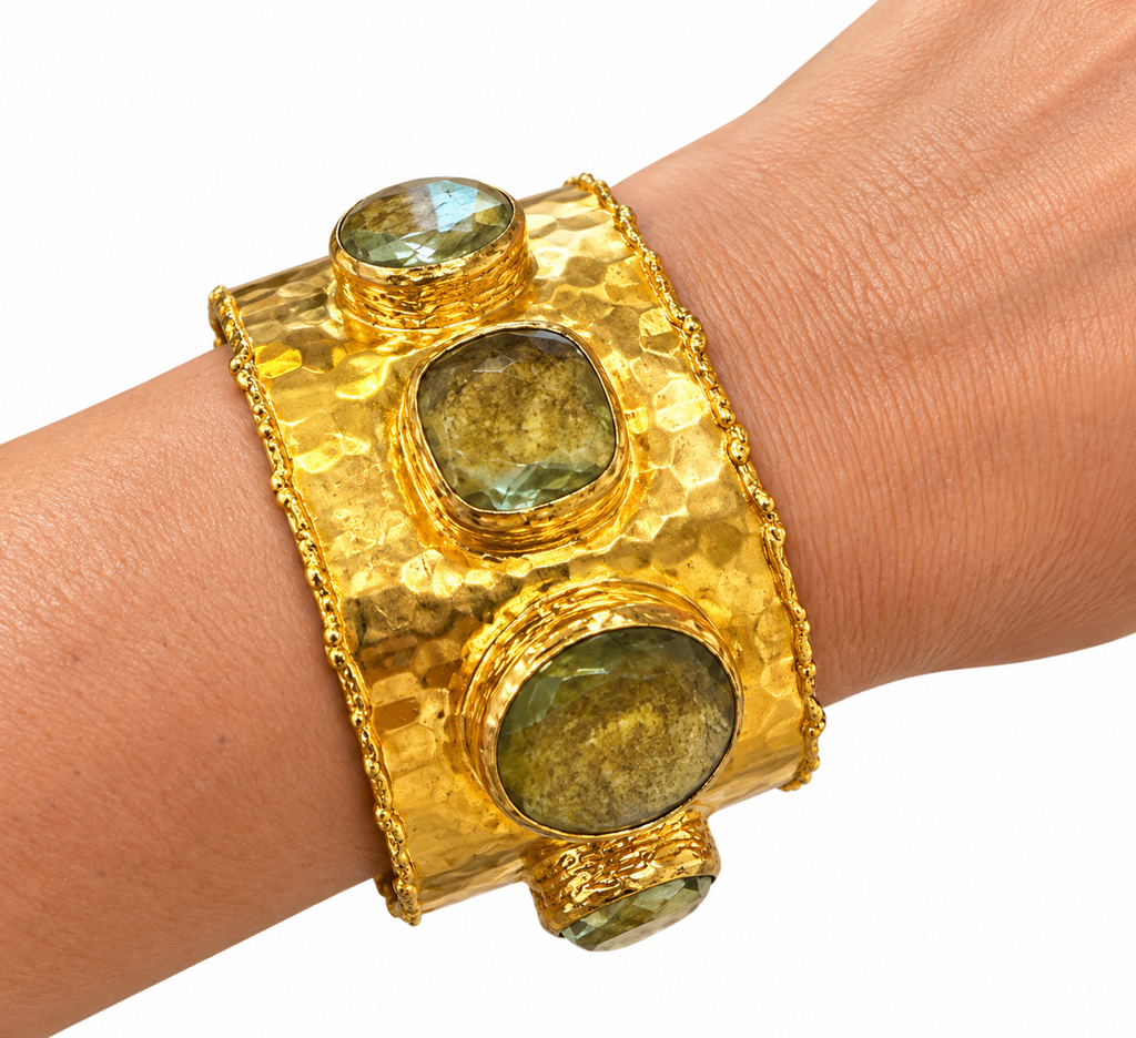 Quartz & Hammered Gold Cuff Bracelet