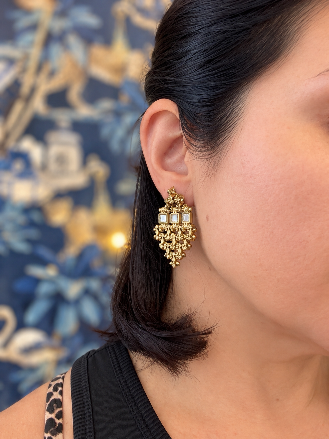 Antiqued Gold Mirror & Beaded Chandelier Earrings