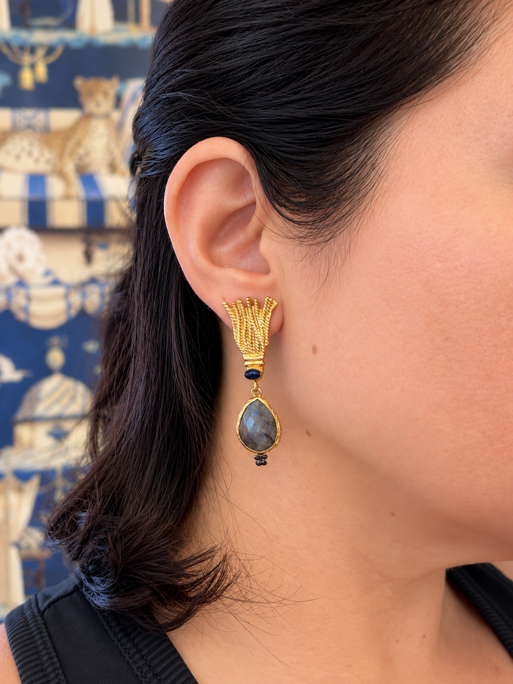Blue Iolite Egyptian Revival Drop Earrings