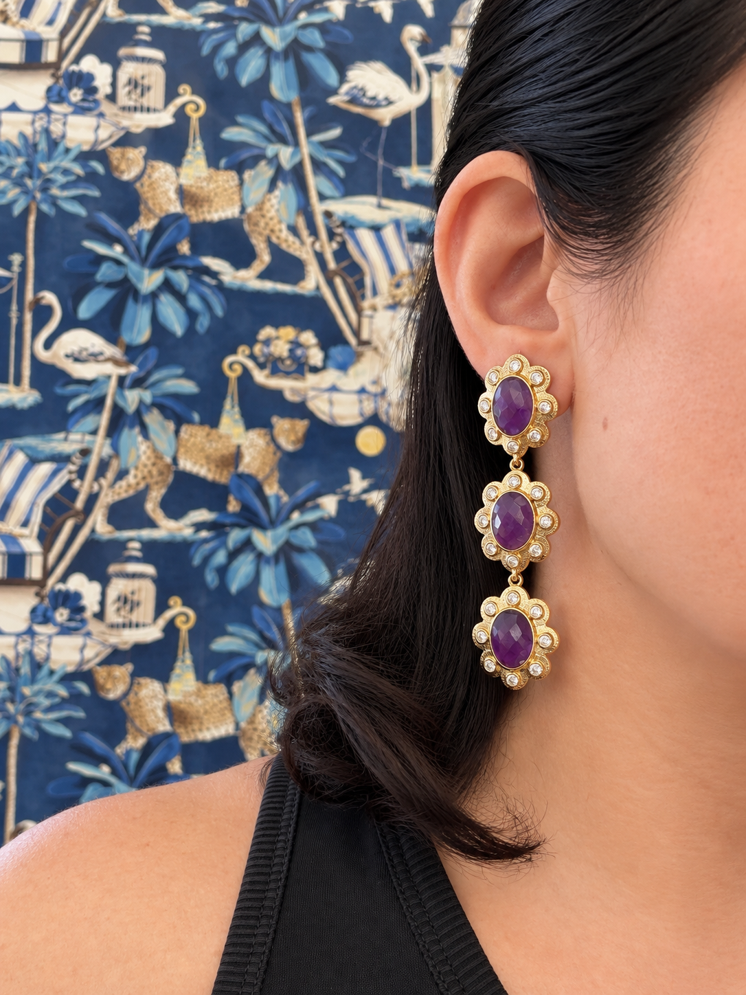 Amethyst & CZ Floral Drop Earrings
