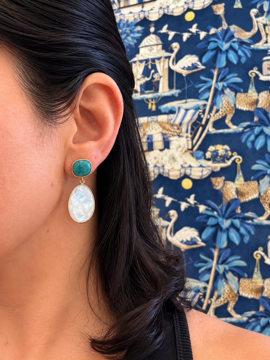 Amazonite & Rainbow Moonstone Double Drop Earrings