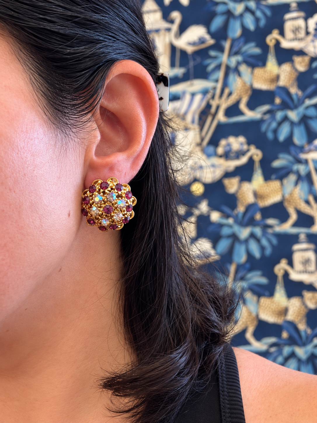 Multicolor Rhinestone Cluster Clip-On Earrings - Vintage