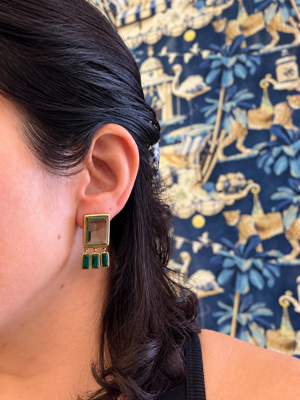 Green Tourmaline & Quartz Geometric Drop Earrings