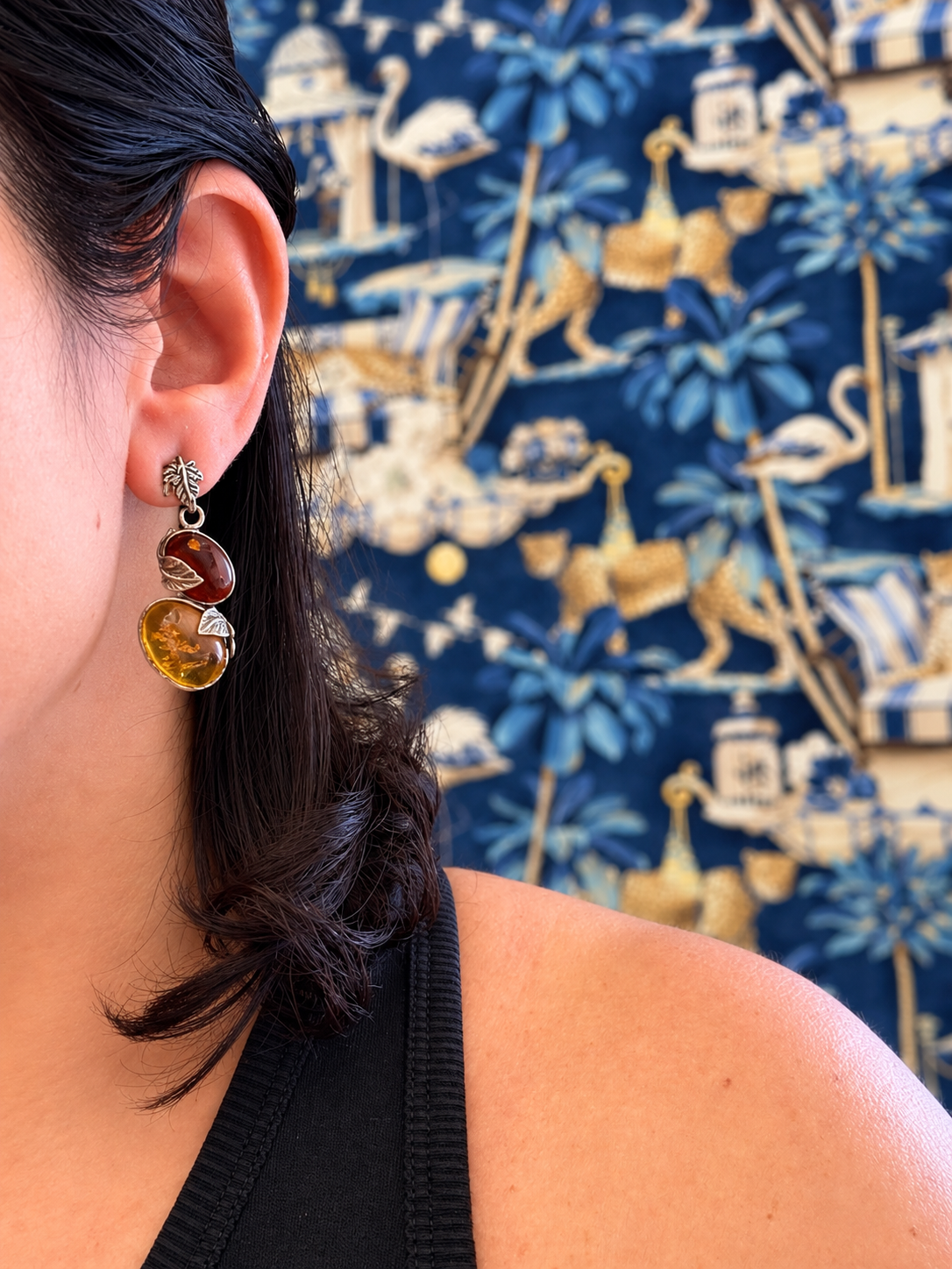 Amber Sterling Silver Earrings - Vintage
