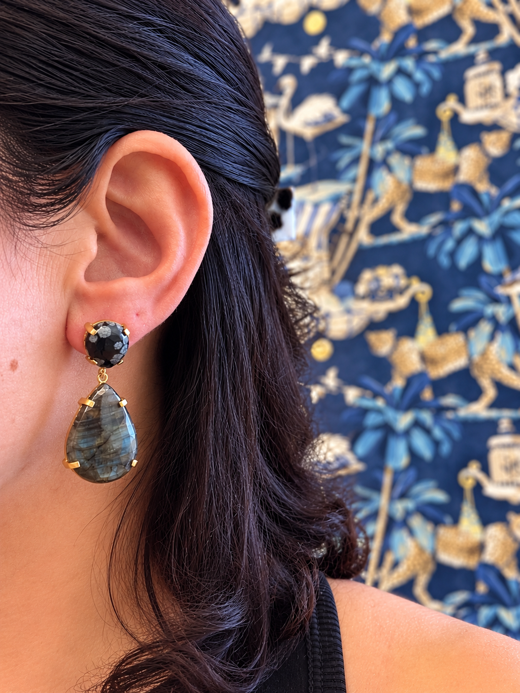 Labradorite & Black Obsidian Gold-Tone Drop Earrings