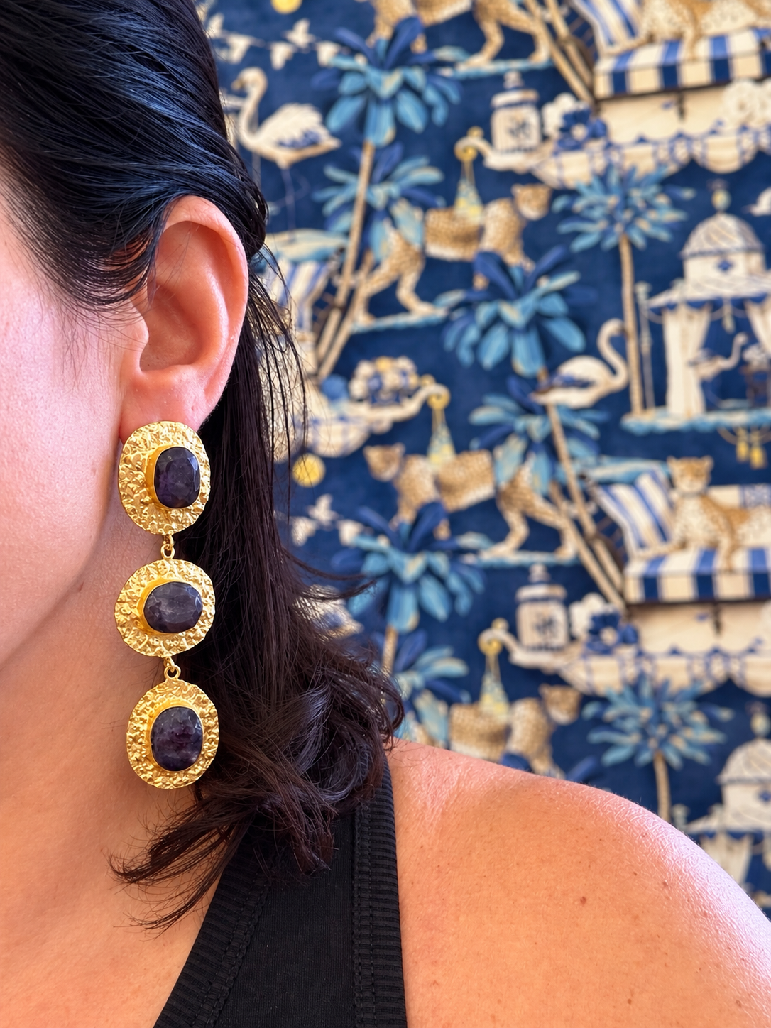 Lapis & Textured Gold Triple-Drop Earrings