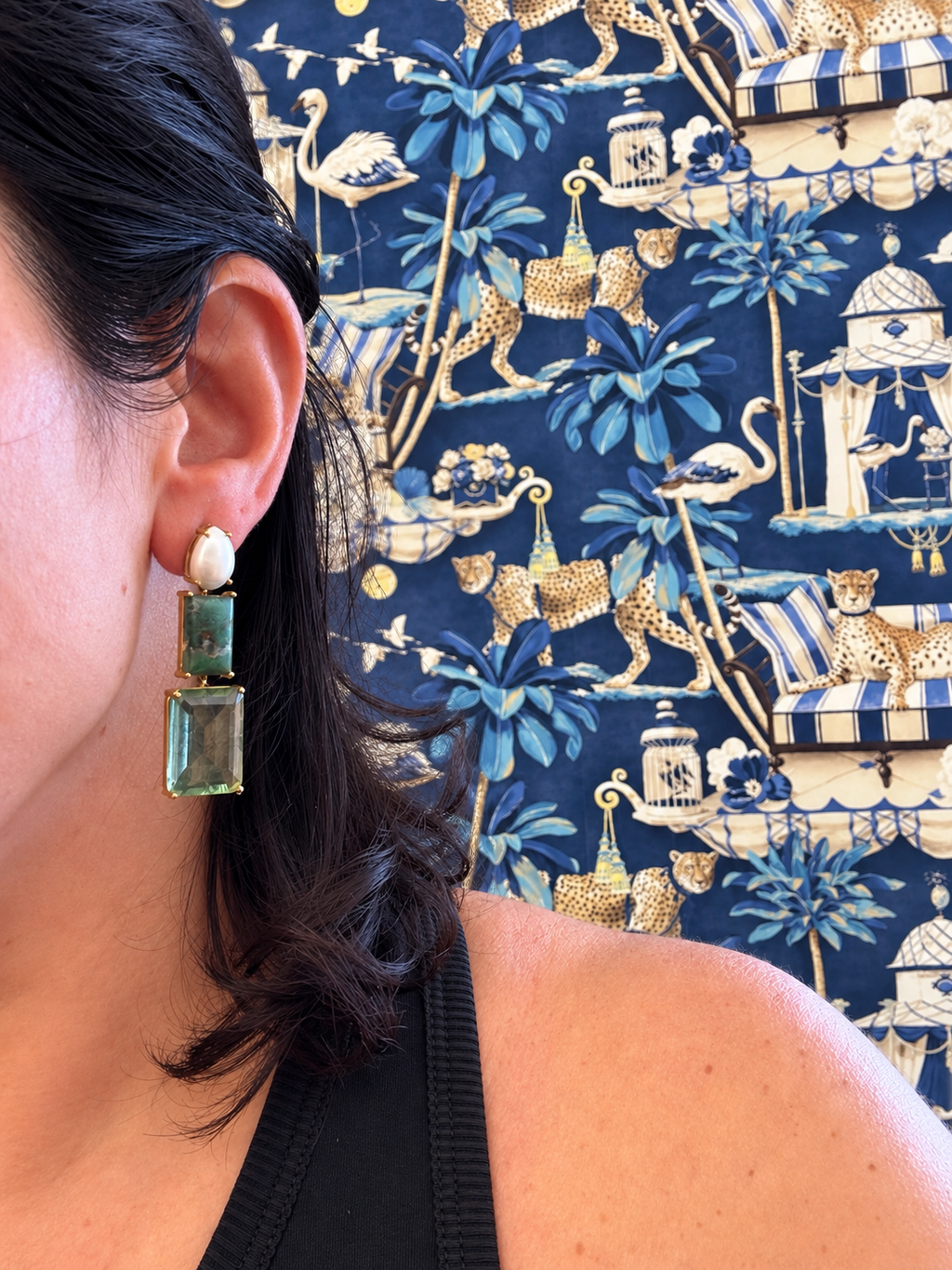 Green Quartz & Pearl Geometric Drop Earrings