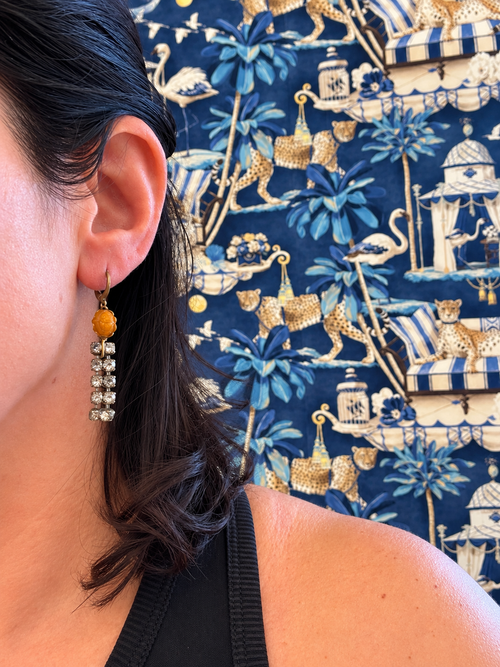 Amber Scarab & Rhinestone Drop Earrings - Vintage Reworked