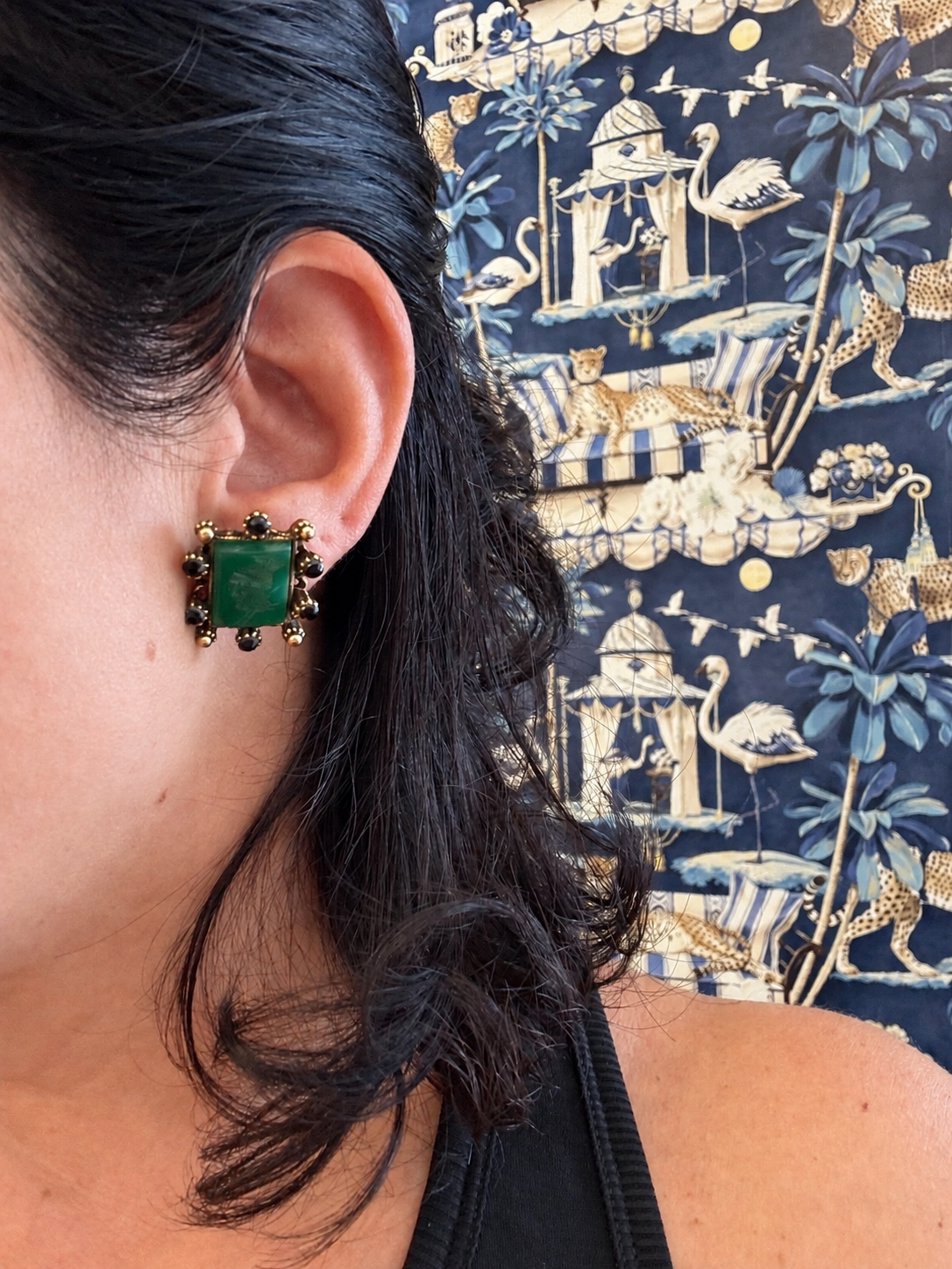 Carved Jade-Style & Garnet-Colored Screwback Earrings - Vintage