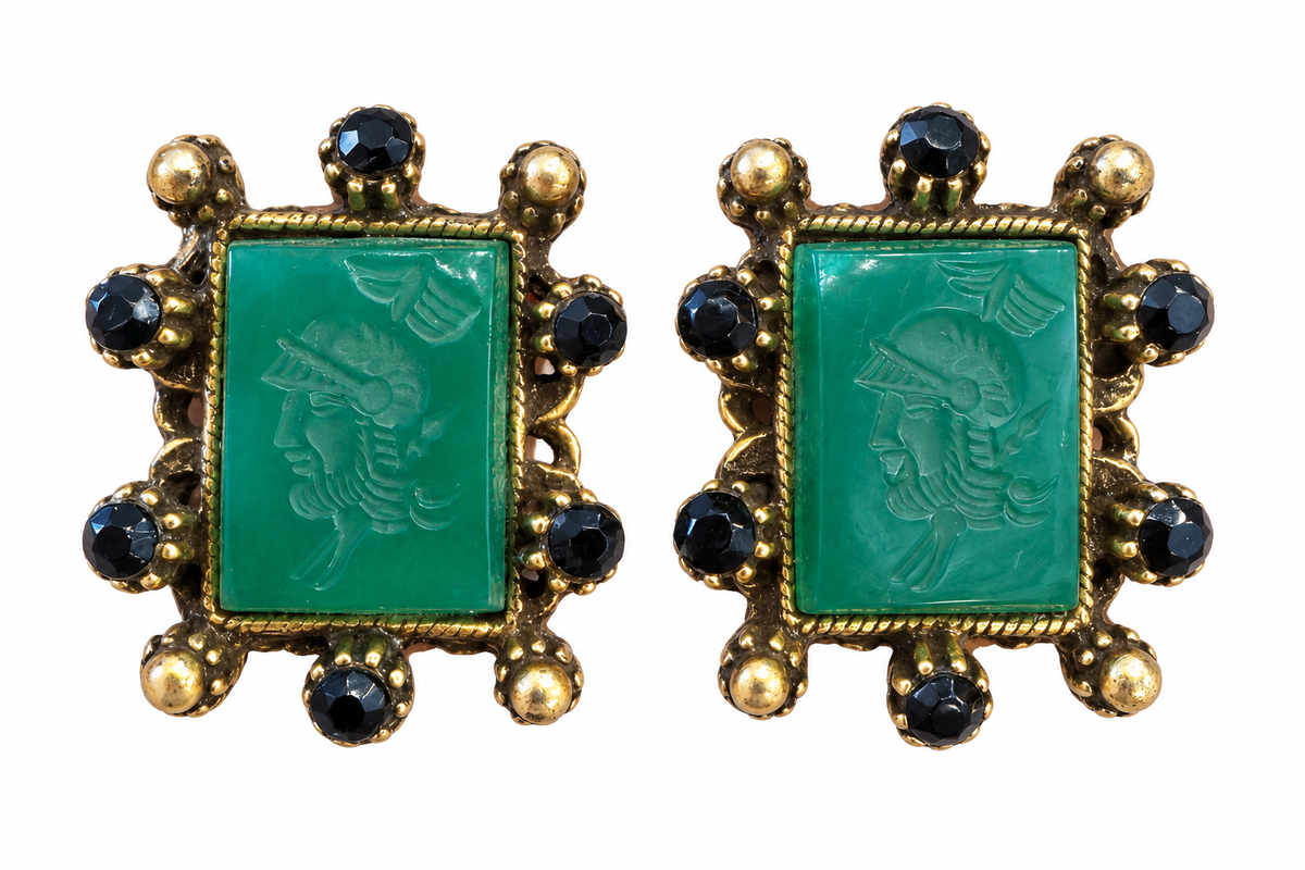 Carved Jade-Style & Garnet-Colored Screwback Earrings - Vintage