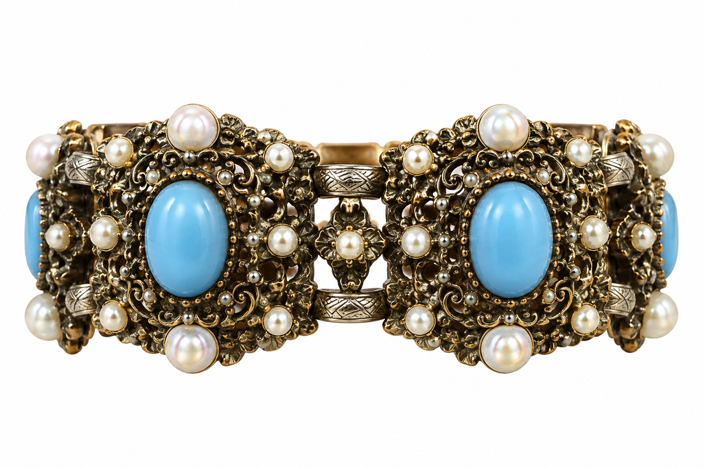 Robin's Egg Blue Cabochon & Faux Pearl Statement Bracelet - Vintage