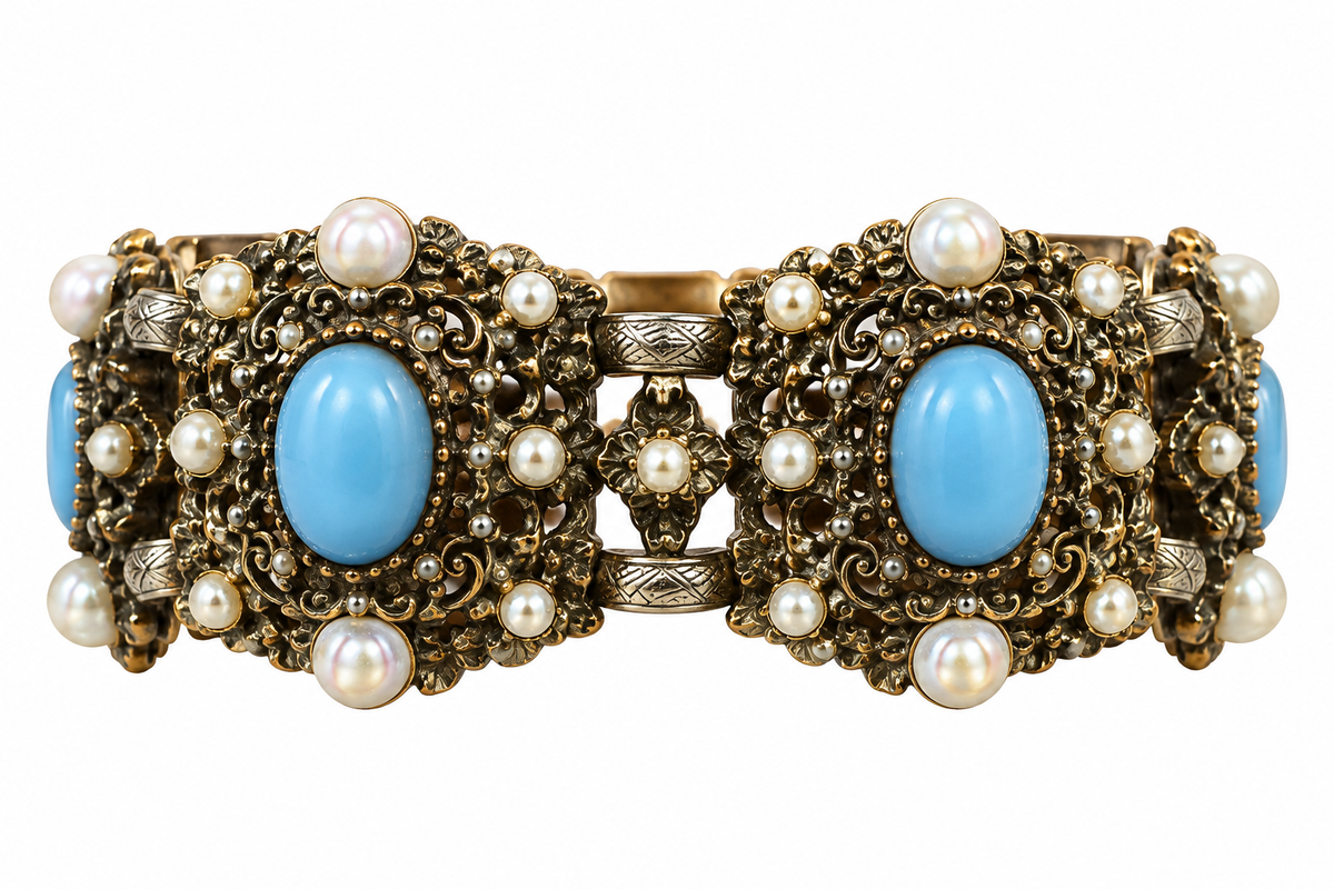 Robin's Egg Blue Cabochon & Faux Pearl Statement Bracelet - Vintage