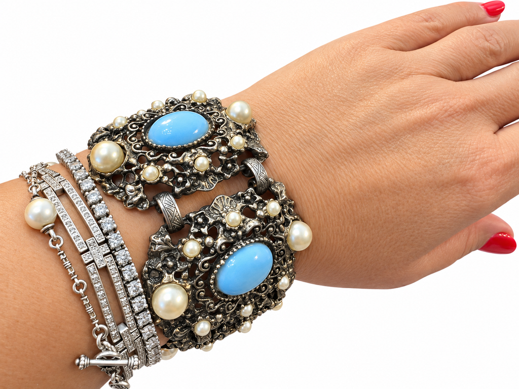Robin's Egg Blue Cabochon & Faux Pearl Statement Bracelet - Vintage