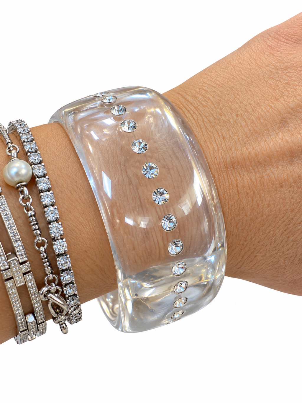Clear Lucite Rhinestone Cuff Bracelet - Vintage