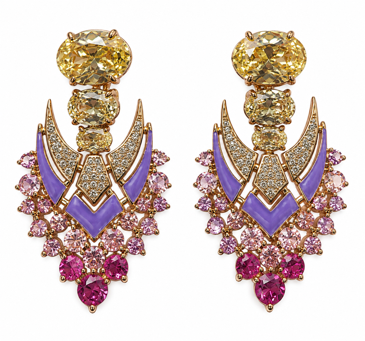 Multicolor Crystal & Purple Enamel Statement Earrings