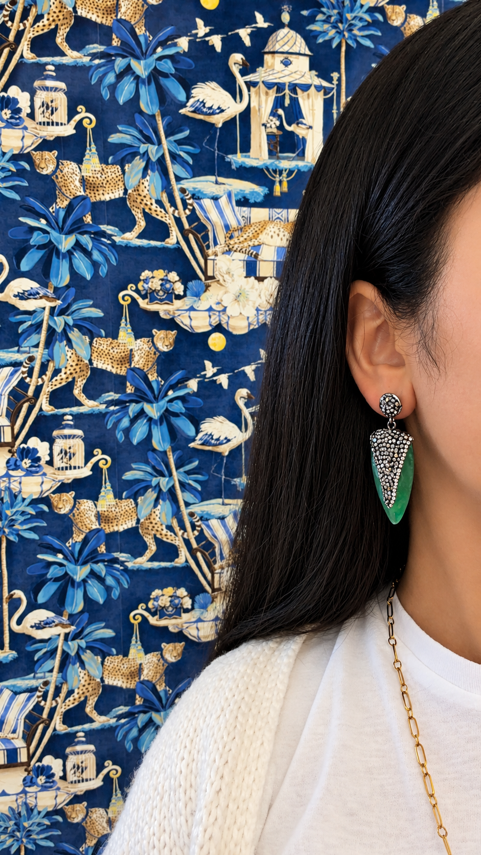 Green Stone & Black Pavé Rhinestone Drop Earrings