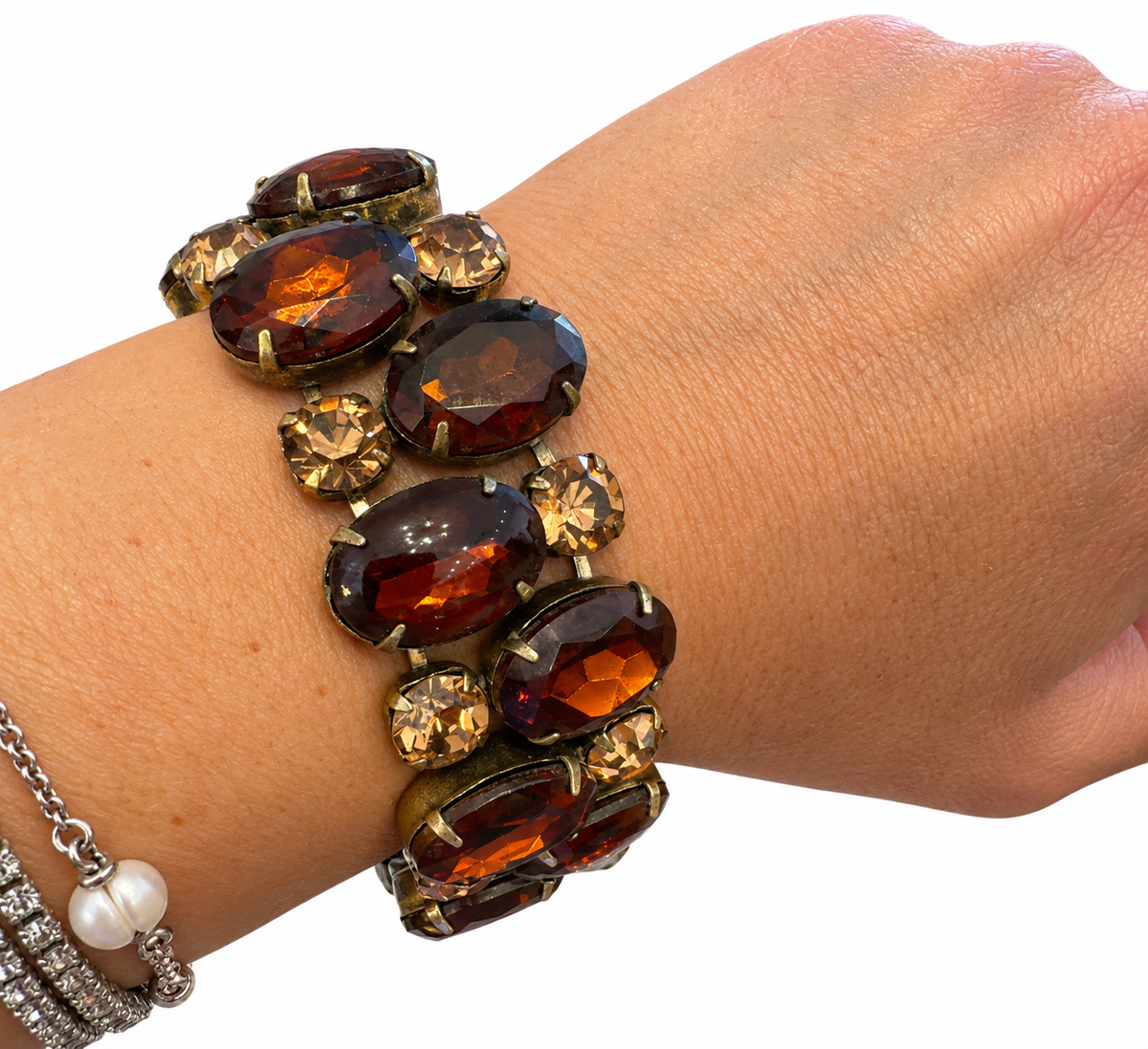 Root Beer Glass Cabochon & Rhinestone Bracelet - Vintage