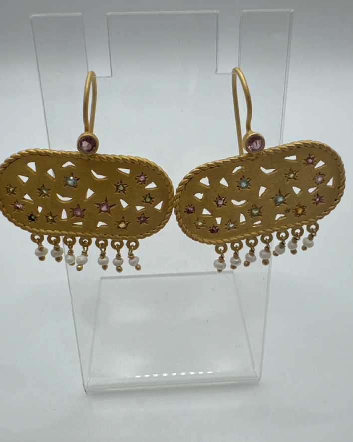 Multi Stone Zircon with Seed Pearl Gold-Plated Earrings