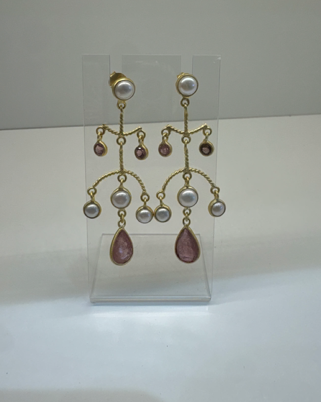 Tourmaline Pearl Gold Plated Chandelier Earrings