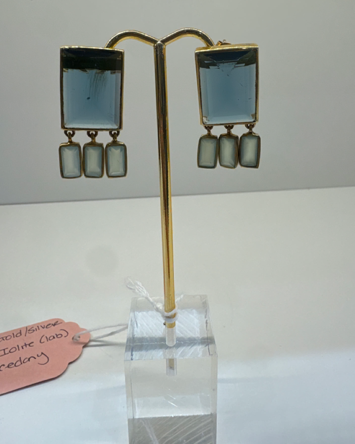 Gold over Silver Lab Grown Blue Eye Dangle Earrings