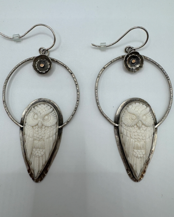 Gold over Sterling Silver Horn Carved Owl Statement Earrings (One of a Kind)