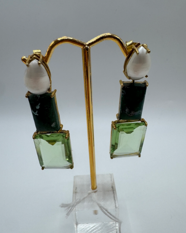 Gold-Plated Lab Grown Green Quartz with Pearl Earrings