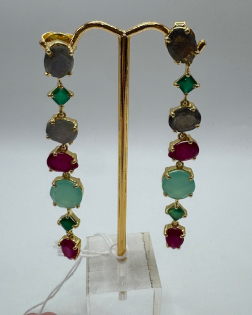 Gold-Plated Pink Fuchsia Onyx Labradorite Drop Earrings