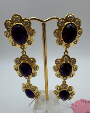 14K Gold Amethyst & CZ Statement Dangle Earrings