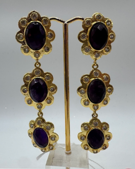 14K Gold Amethyst & CZ Statement Dangle Earrings