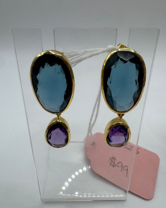 18K Gold Lab-Grown Blue Iolite & Amethyst Earrings