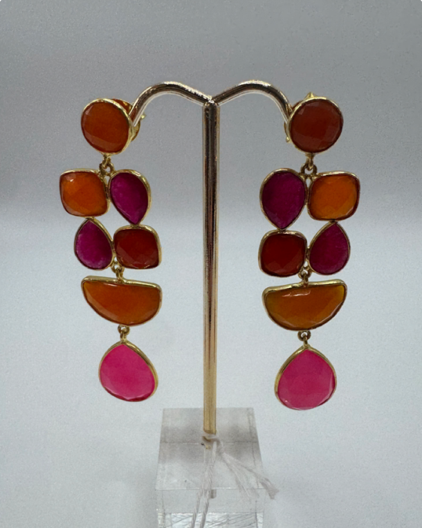 18K Gold Pink Jade, Onyx & Carnelian Statement Earrings