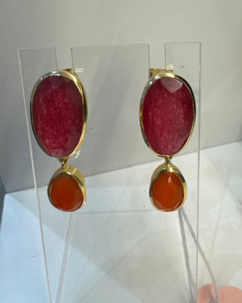 18K Gold Pink Jade & Carnelian Earrings