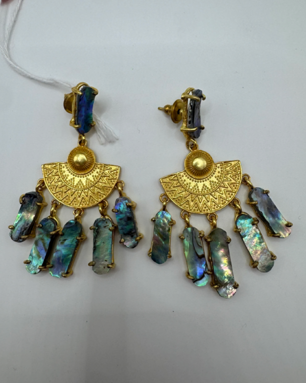 Gold Egyptian Fringe Statement Earrings with Abalone