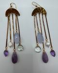 Vintage Brass Umbrella Earrings with Stones & Pearl