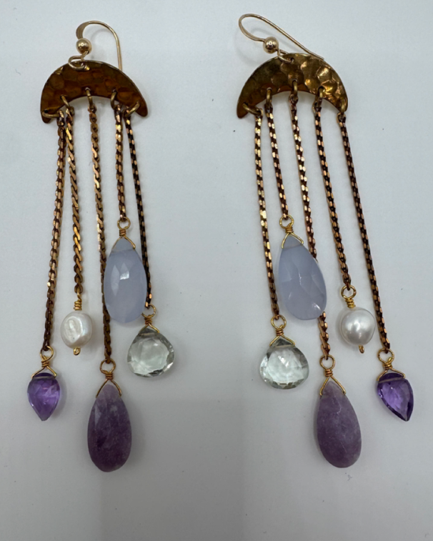 Vintage Brass Umbrella Earrings with Stones & Pearl